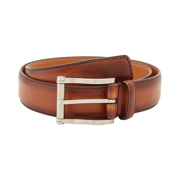 Magnanni Mens Carbon Leather Belt Cognac Brown Size 32 Silvertone‎ Buckle #1121 - Picture 1 of 8